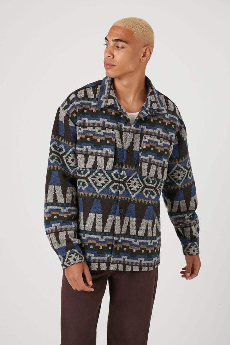 Forever 21 Men's Jacquard Geo Print Shacket Peacock/Multi