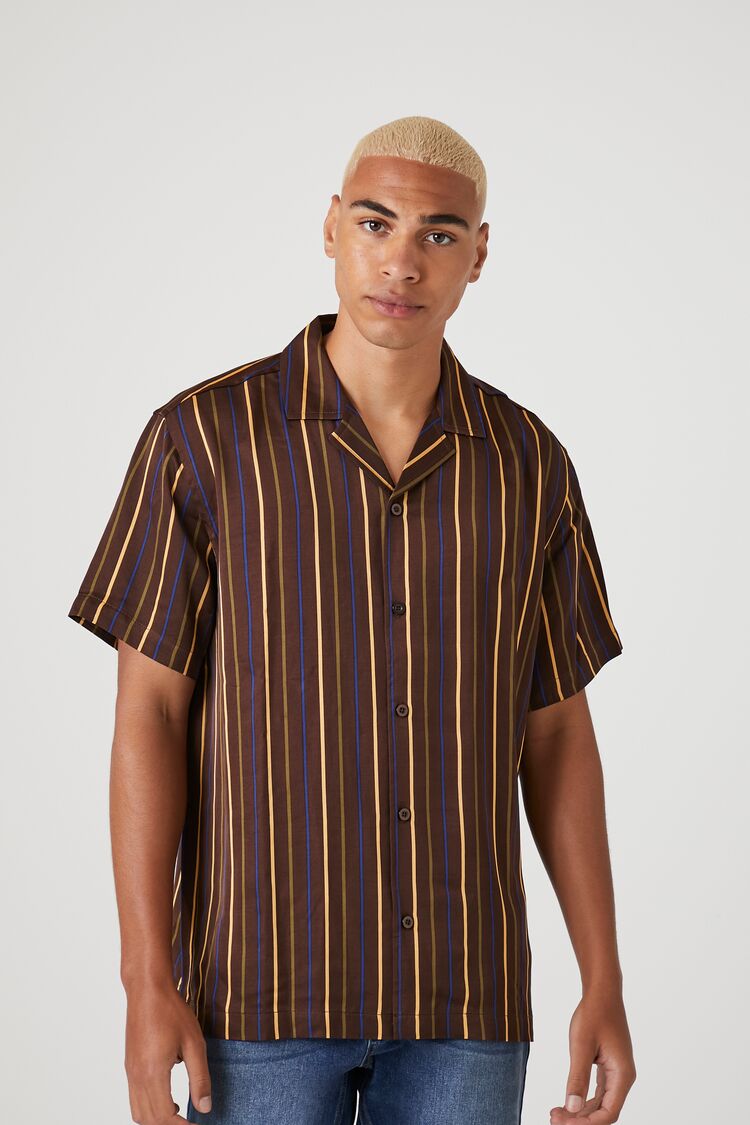 Forever 21 Men's Satin Striped Short-Sleeve Shirt Cocoa/Multi