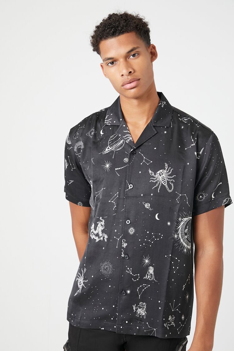 Forever 21 Men's Satin Constellation Graphic Shirt Black/Multi