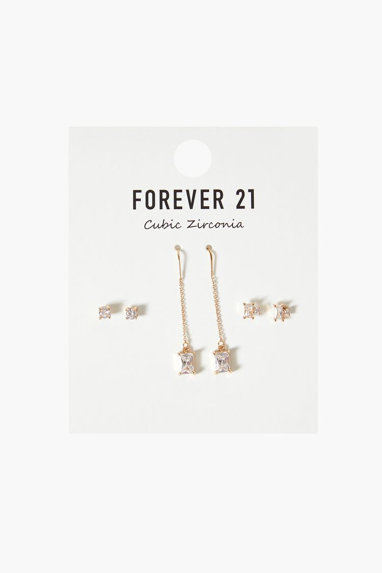 Forever 21 Women's CZ Stud & Drop Earring Set Gold/Clear