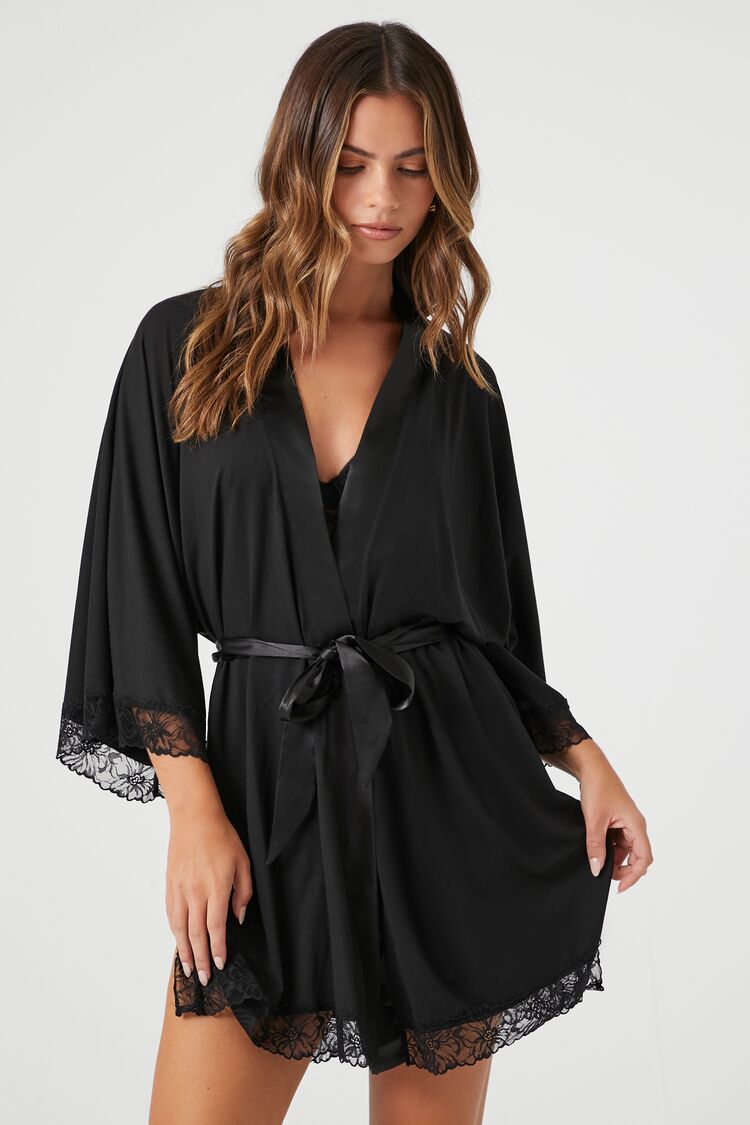 Forever 21 Women's Lace-Trim Lingerie Robe Black