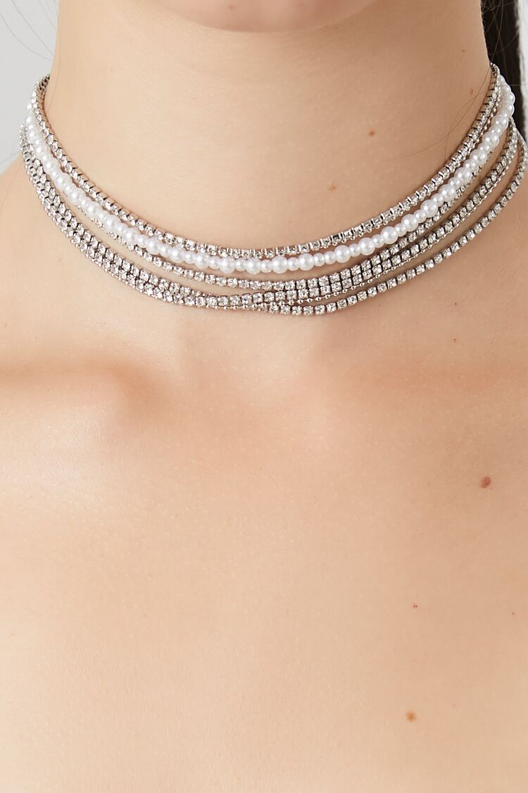 Forever 21 Women's Faux Pearl & Rhinestone Choker Necklace Silver/White