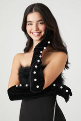 Forever 21 Women's Faux Pearl-Trim Velour Long Gloves Black