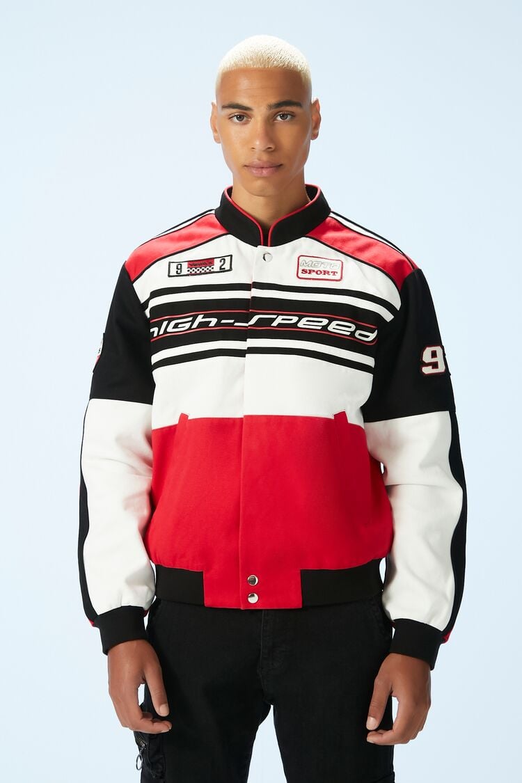 Forever 21 men's Racer Racing Club Bomber Jacket Red/Multi