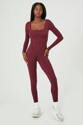 Forever 21 Women's Active Long-Sleeve Corset Jumpsuit Wine