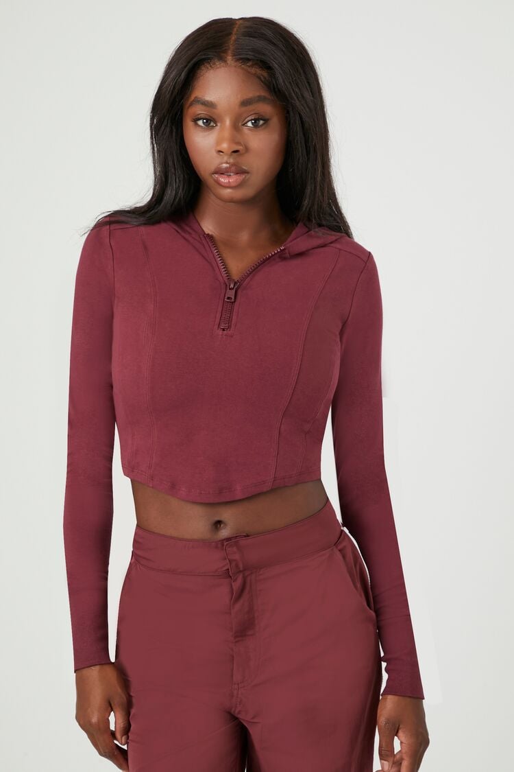 Forever 21 Women's Active Half-Zip Hooded Top Wine