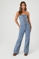 Forever 21 Women's Strapless Straight-Leg Denim Jumpsuit Light Denim