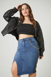 Forever 21 Plus Women's Faux Leather/Pleather & Denim Skirt Denim/Black