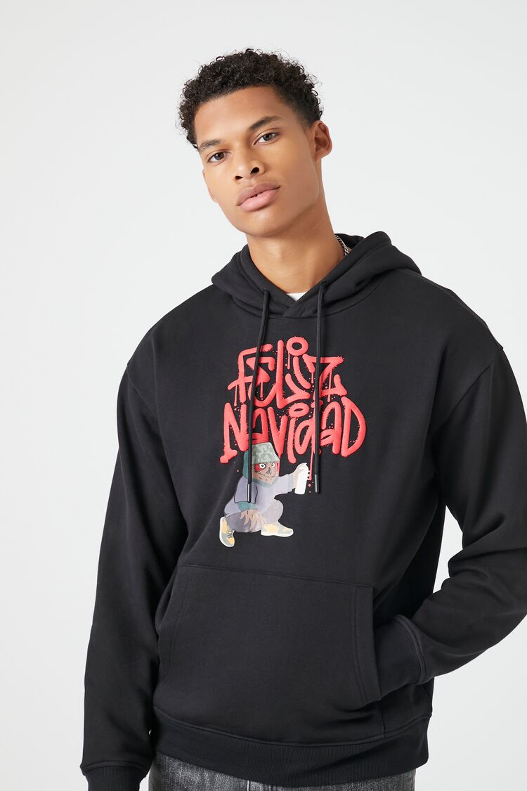 Forever 21 Men's Feliz Navidad Graphic Hoodie Sweatshirt Black/Multi