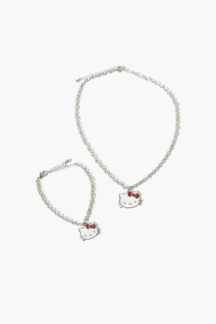 Forever 21 Women's Hello Kitty Bracelet & Necklace Set Silver/Red