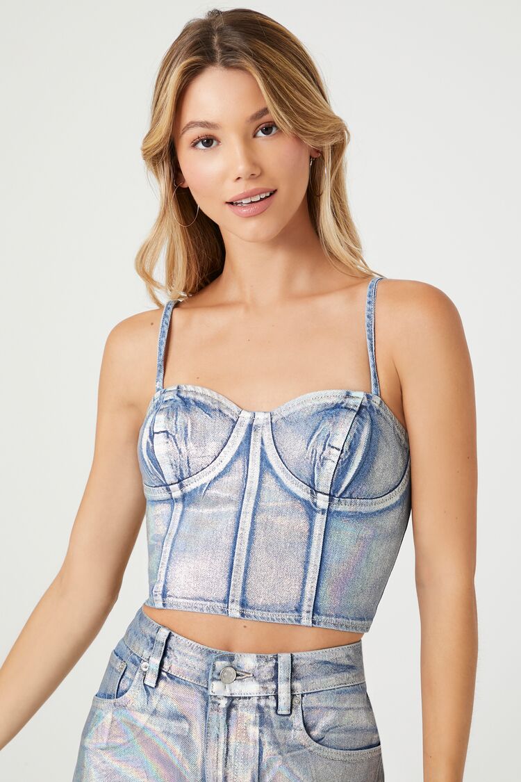 Forever 21 Women's Denim Sweetheart Cropped Cami Medium Denim/Multi