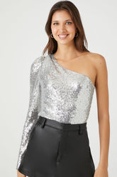 Forever 21 Women's Sequin One-Shoulder Sleeveless Bodysuit Silver