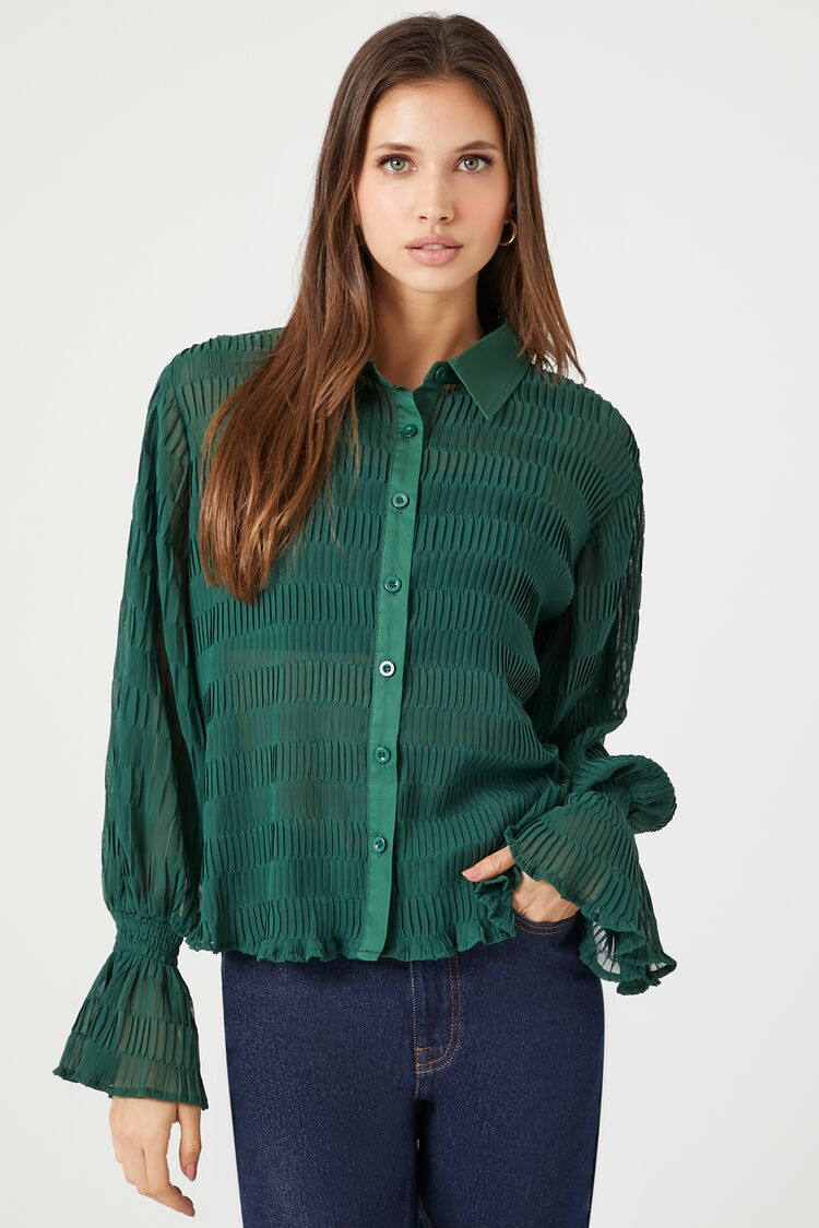 Forever 21 Women's Chiffon Lettuce-Edge Shirt Emerald