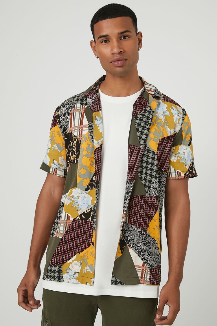 Forever 21 Men's Mixed Print Patchwork Shirt Black/Multi