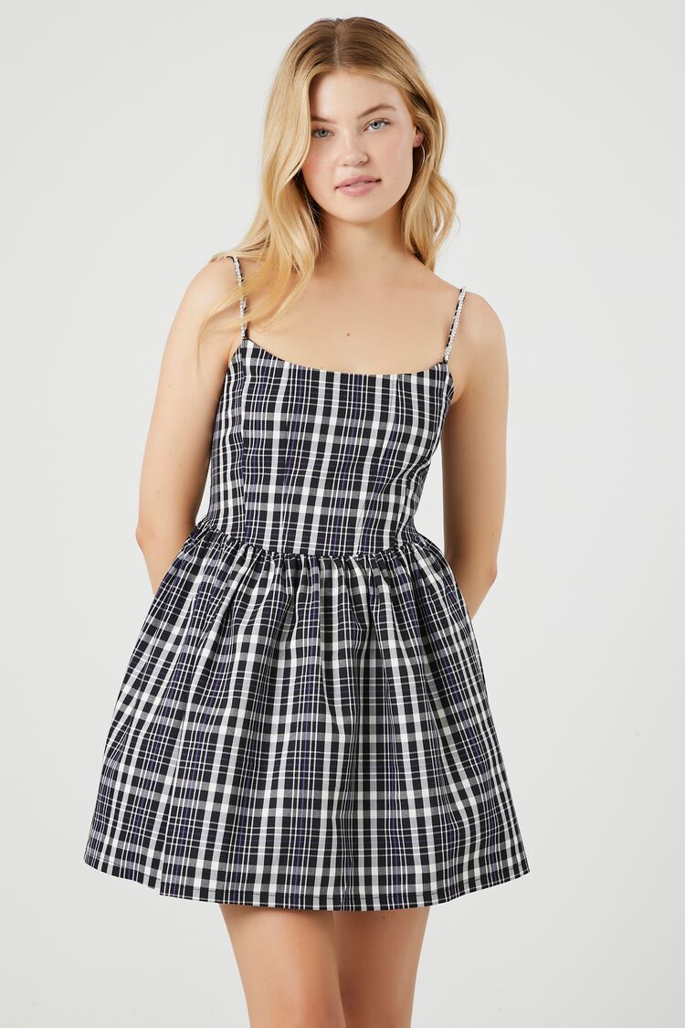 Forever 21 Women's Plaid Fit & Flare Cami Dress Black/White