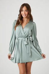 Forever 21 Women's Satin Mock Wrap Mini Dress Green Haze