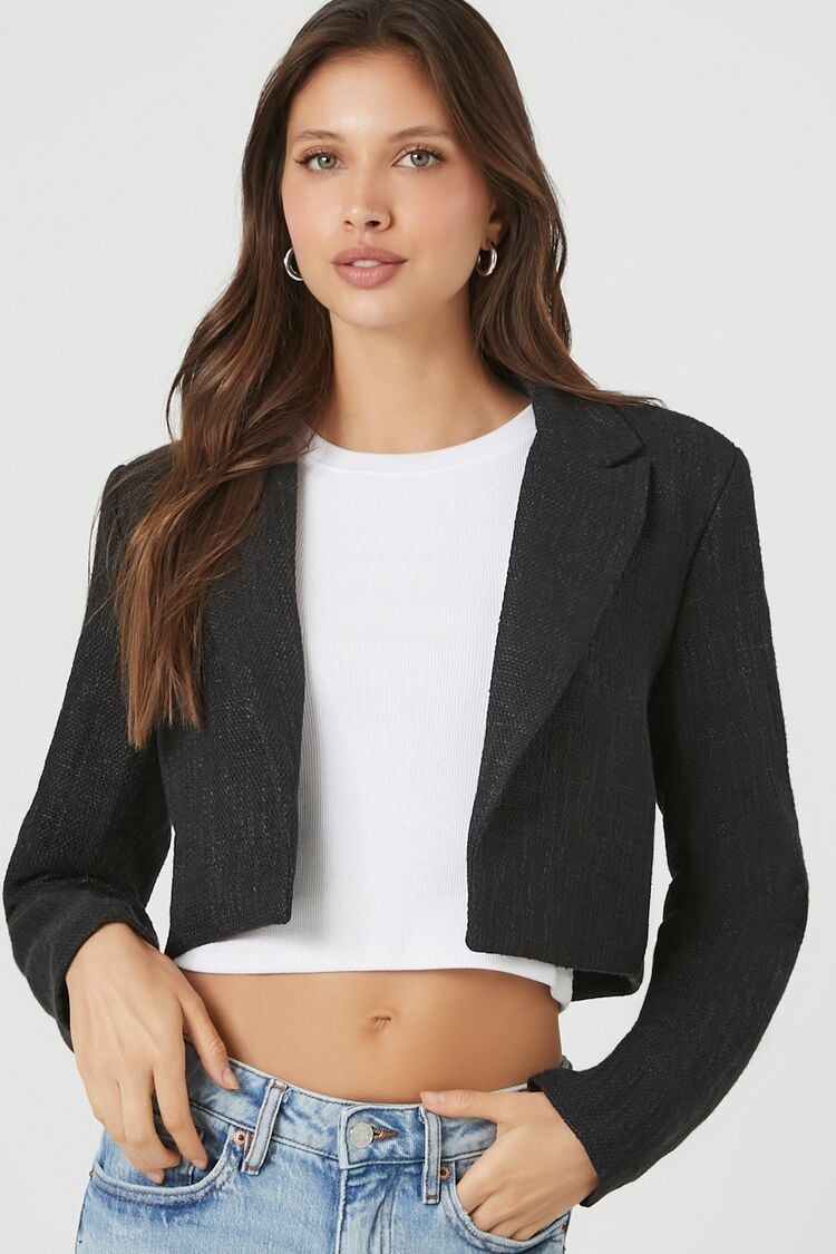 Forever 21 Women's Cropped Open-Front Tweed Blazer Black