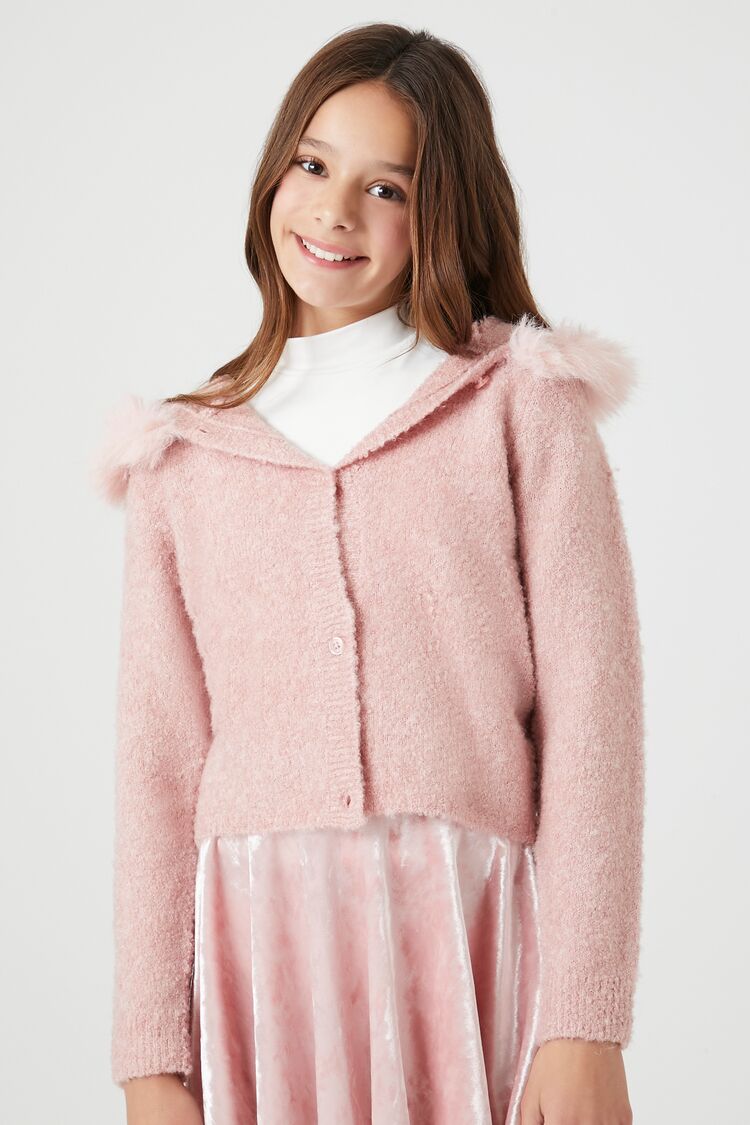 Forever 21 Knit Girls Faux Fur Cardigan Sweater (Kids) Pale Mauve