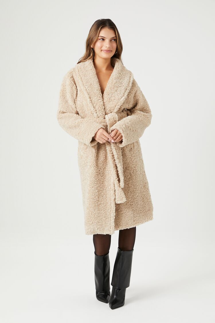 Forever 21 Women's Faux Shearling/Sherpa Wrap Coat Cream