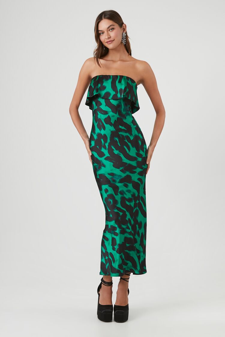Forever 21 Women's Satin Leopard Print Dress Emerald/Multi