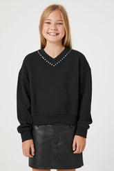 Forever 21 Knit Girls (Kids) Rhinestone-Trim Pullover Sweater Black/Multi