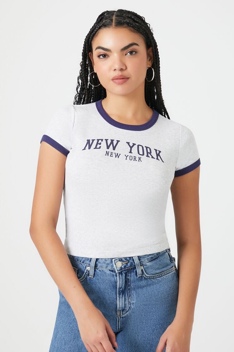 Forever 21 Women's New York Graphic Ringer Baby T-Shirt Heather Grey/Navy