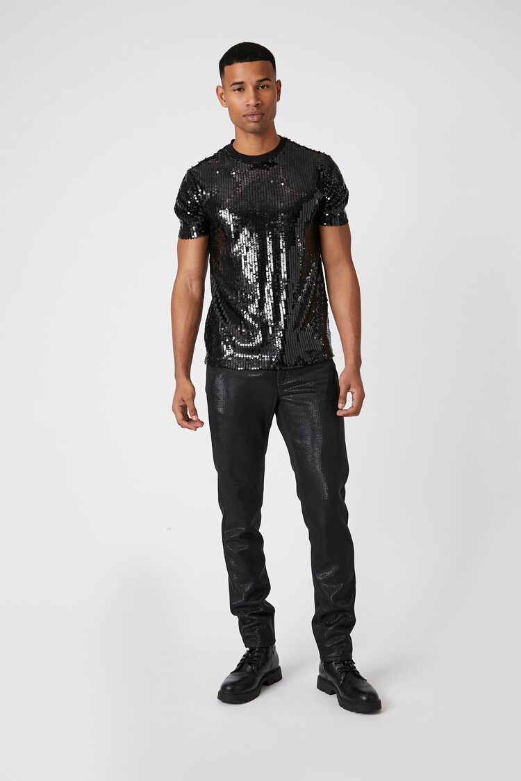 Forever 21 Men's Metallic Mid-Rise Skinny Pants Black