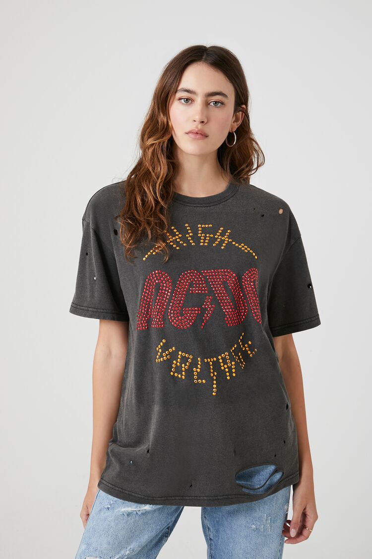 Forever 21 Women's Rhinestone ACDC Graphic T-Shirt Black/Multi