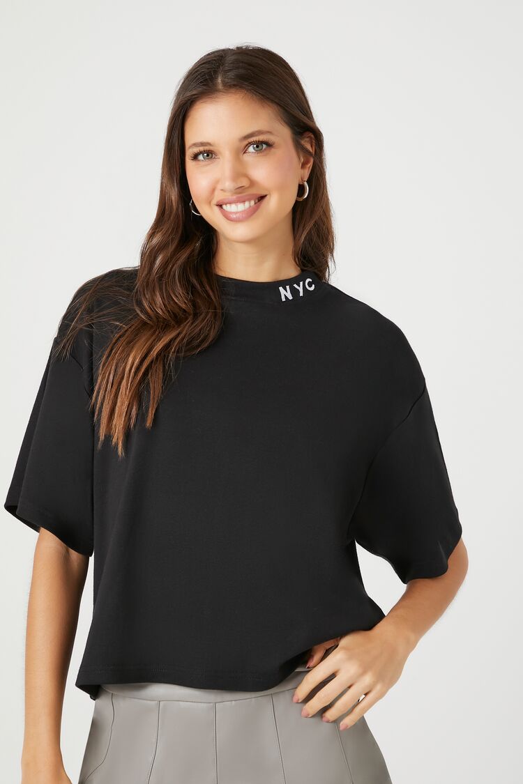 Forever 21 Women's Embroidered NYC Cropped T-Shirt Black/White