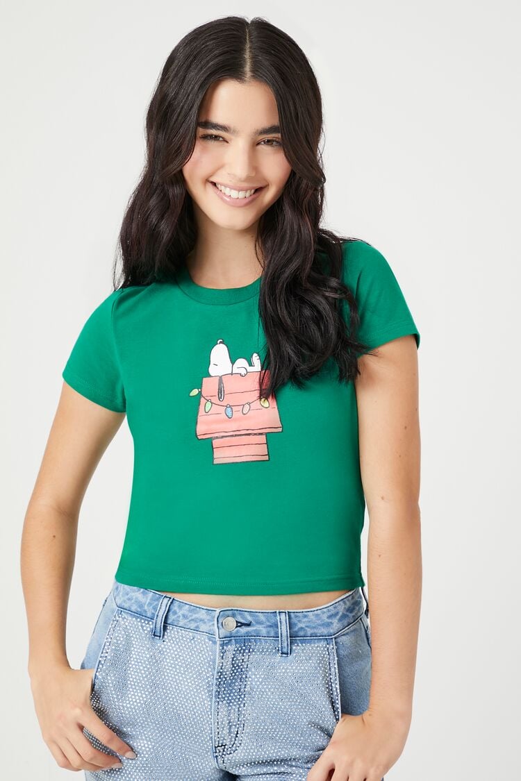 Forever 21 Women's Christmas Snoopy Graphic T-Shirt Green/Multi