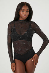 Forever 21 Women's Sheer Lace Floral Lingerie Top Black/Silver