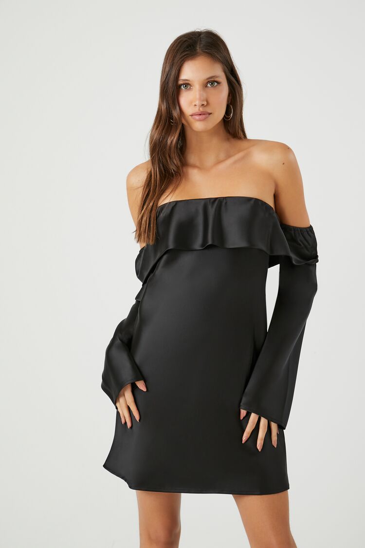 Forever 21 Women's Satin Off-the-Shoulder Mini Dress Black