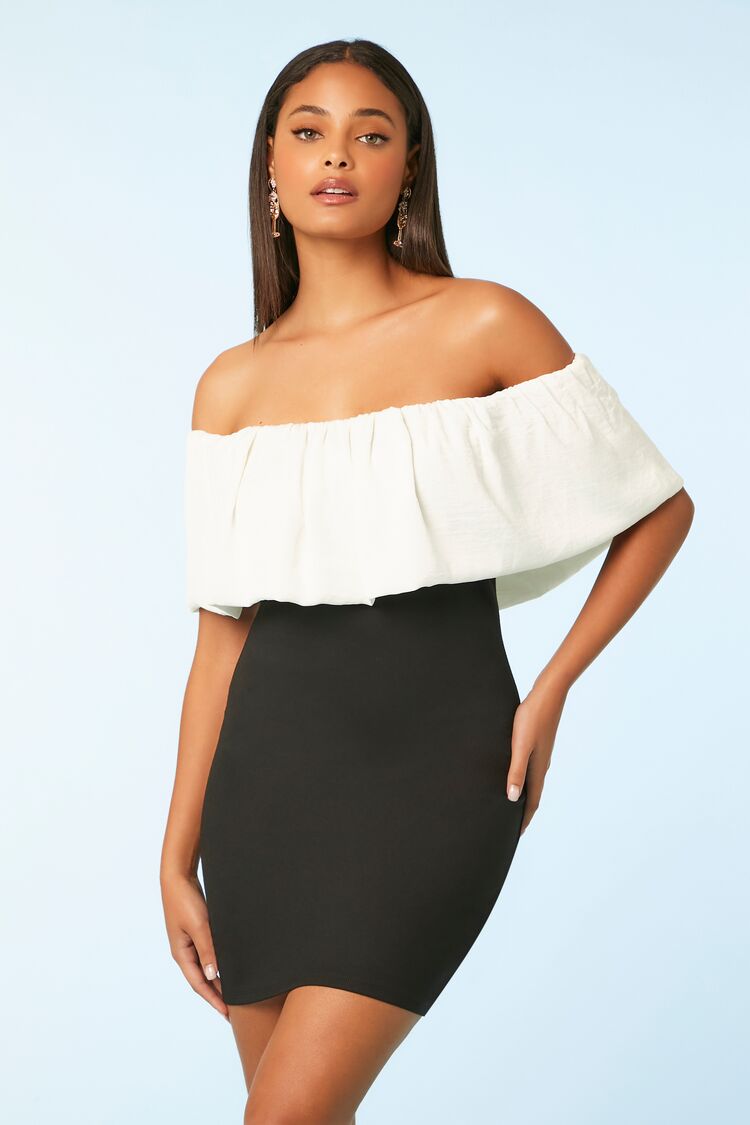 Forever 21 Women's Colorblock Off-the-Shoulder Dress Black/Vanilla