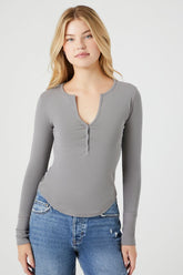 Forever 21 Women's Curved-Hem Henley Top Dark Grey