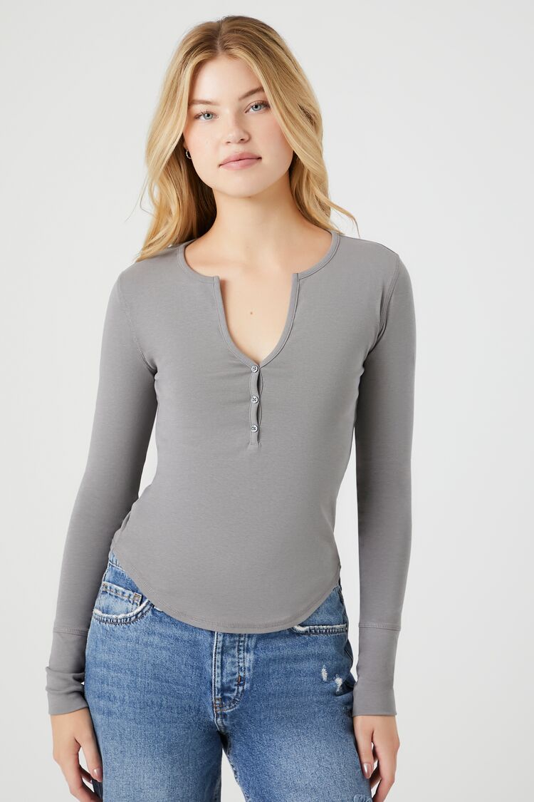 Forever 21 Women's Curved-Hem Henley Top Dark Grey