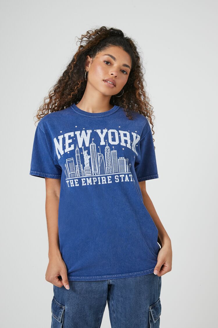Forever 21 Women's Rhinestone New York Graphic T-Shirt Blue/White
