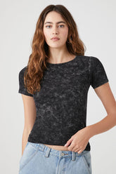 Forever 21 Women's Ribbed Acid Wash Cropped T-Shirt Black