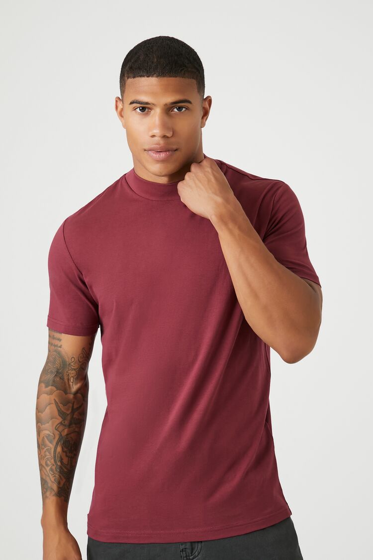 Forever 21 Men's Mock Neck Short-Sleeve Top Burgundy