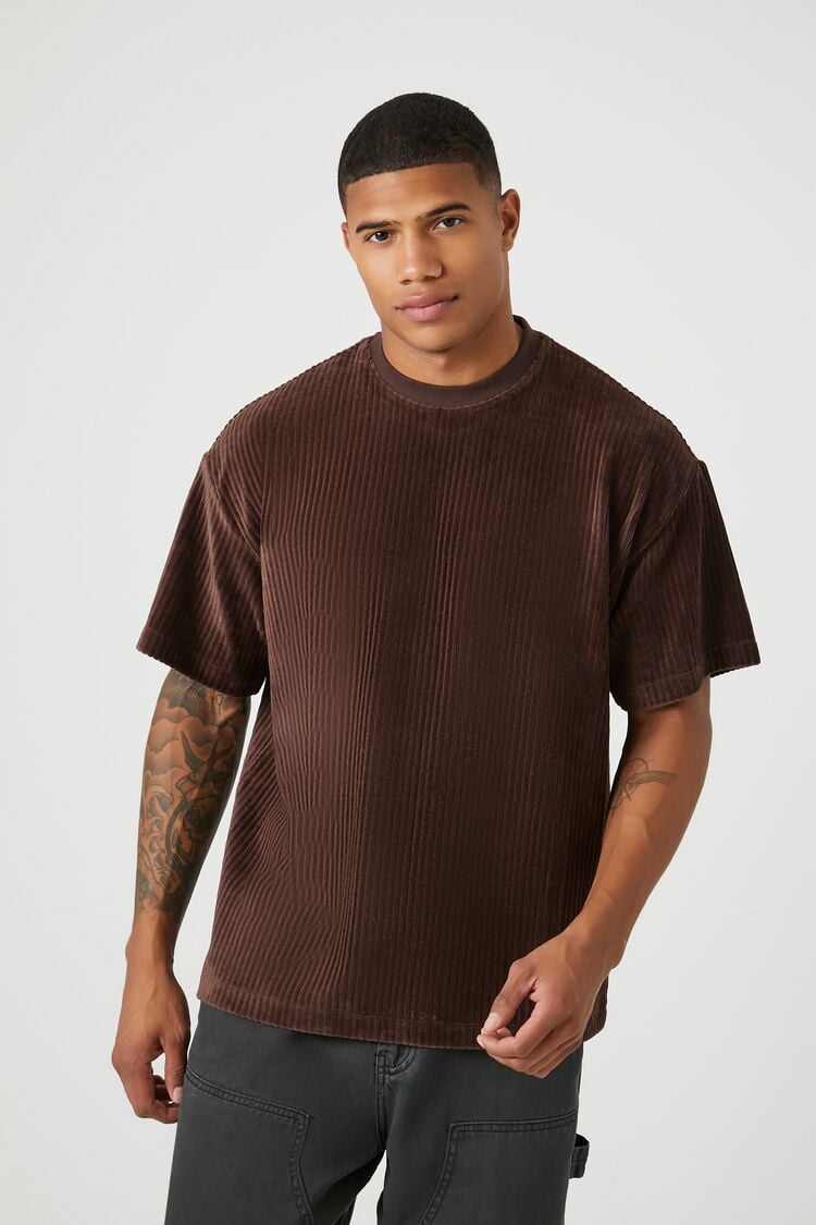 Forever 21 Men's Oversized Ribbed Corduroy Crew T-Shirt Cocoa