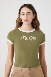 Forever 21 Women's New York Graphic Ringer T-Shirt Olive/Cream