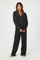 Forever 21 Women's Satin Piped-Trim Shirt & Pants Pajama Set Black/Tan