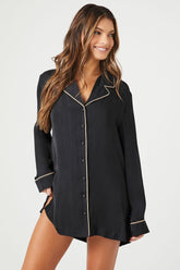 Forever 21 Women's Satin Piped-Trim Pajama Shirt Dress Black/Tan