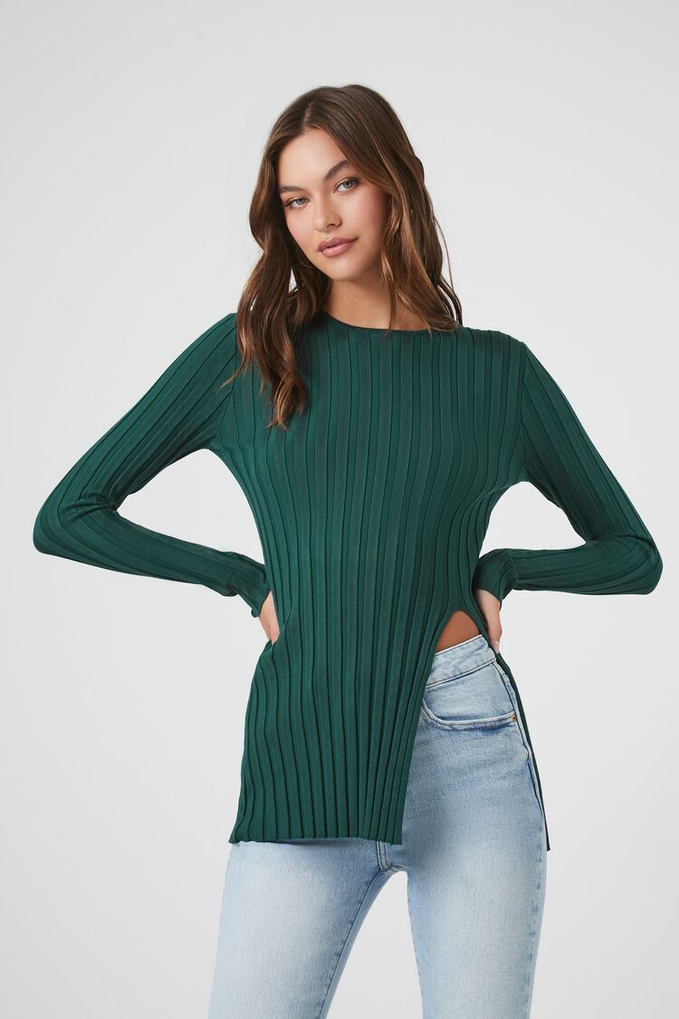 Forever 21 Women's Ribbed Knit Slit Sweater Emerald