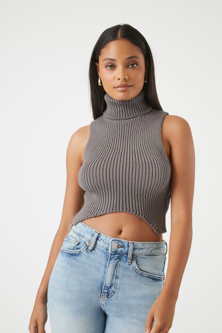 Forever 21 Women's Sweater-Knit Turtleneck Crop Top Dark Grey