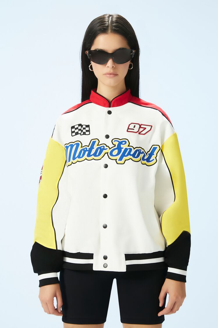 Forever 21 Women's Racer Moto Sport Colorblock Jacket White/Multi