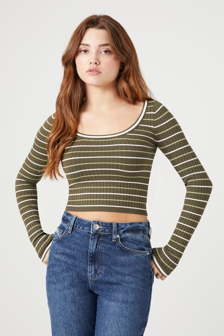 Forever 21 Knit Women's Striped Cropped Sweater Green/Multi