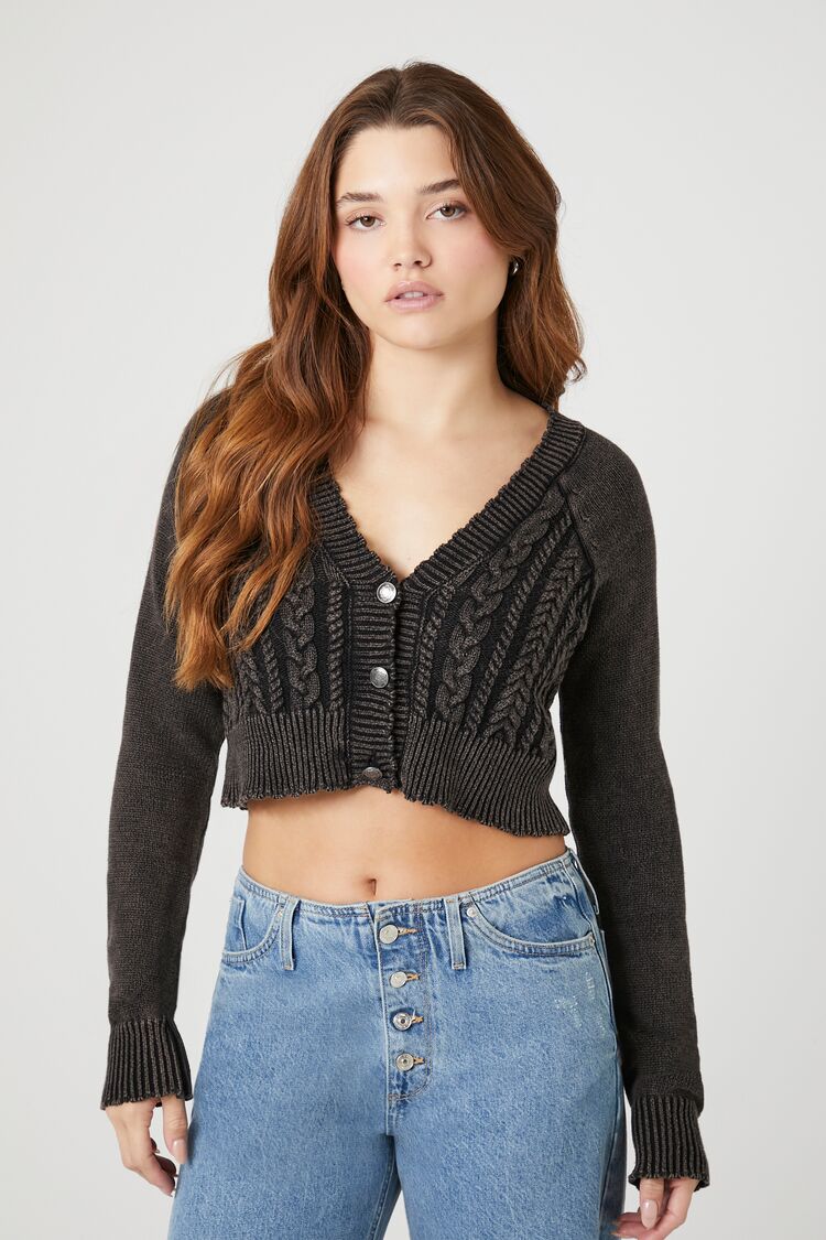 Forever 21 Knit Women's Cropped Mineral Wash Cardigan Sweater Black