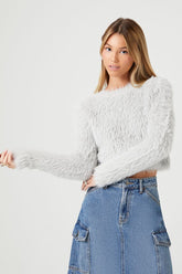 Forever 21 Knit Women's Shaggy Faux Fur Sweater Silver