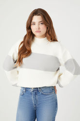 Forever 21 Knit Women's Striped Mock Neck Sweater White/Dark Grey