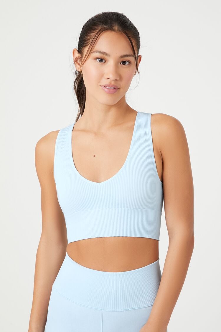 Forever 21 Women's Seamless V-Neck Longline Sports Bra Light Blue